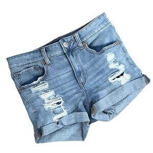 Aero high rise midi light wash ripped denim jean shorts pockets cotton comfort